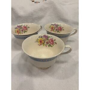 3 Steubenville Teacups Monticello Pattern Colonial Blue Trim W/ Floral Interior